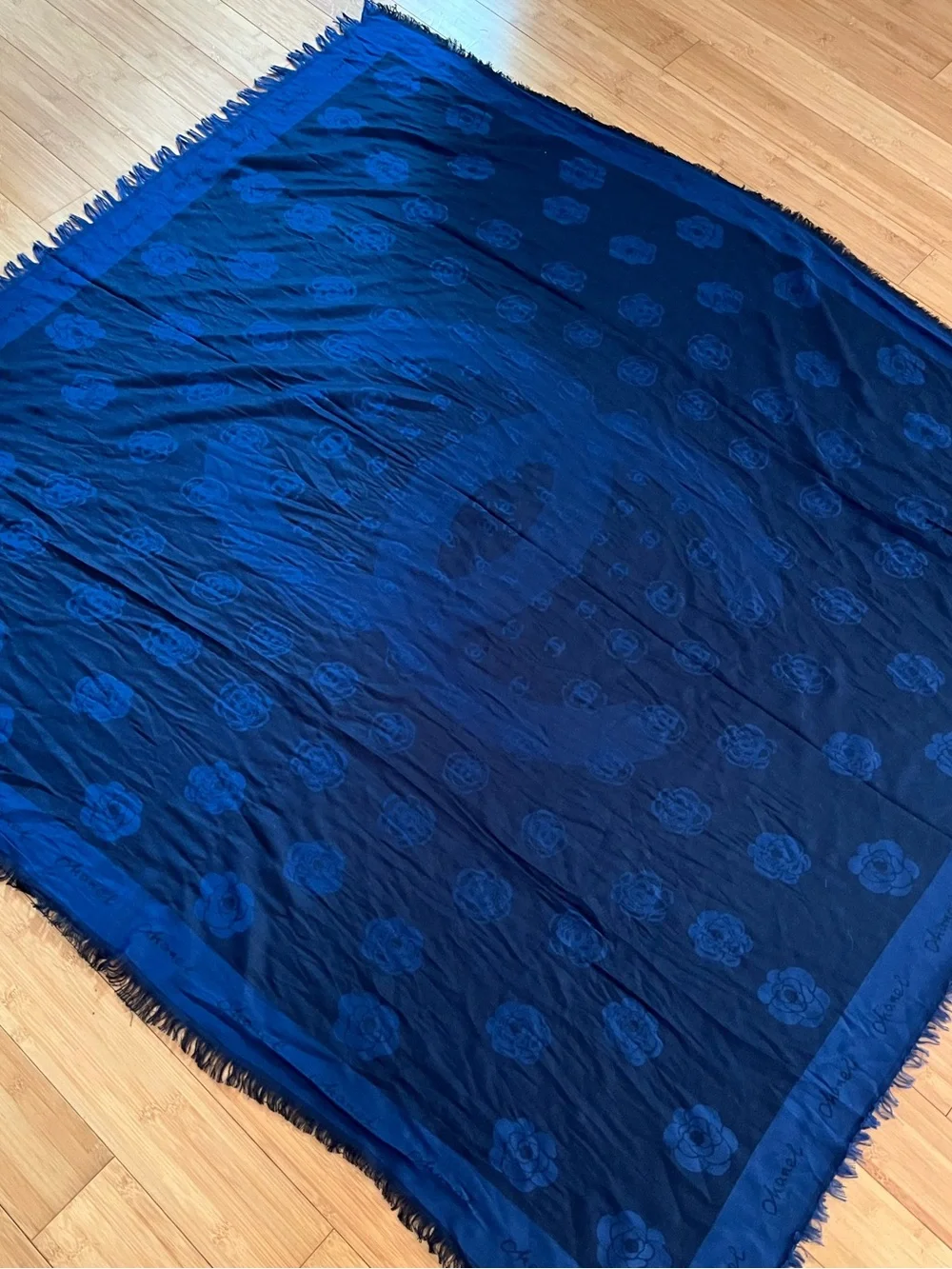 Chanel • Oversized Camellia Silk Wool Logo Scarf / Shawl – Navy Blue Spring 2012